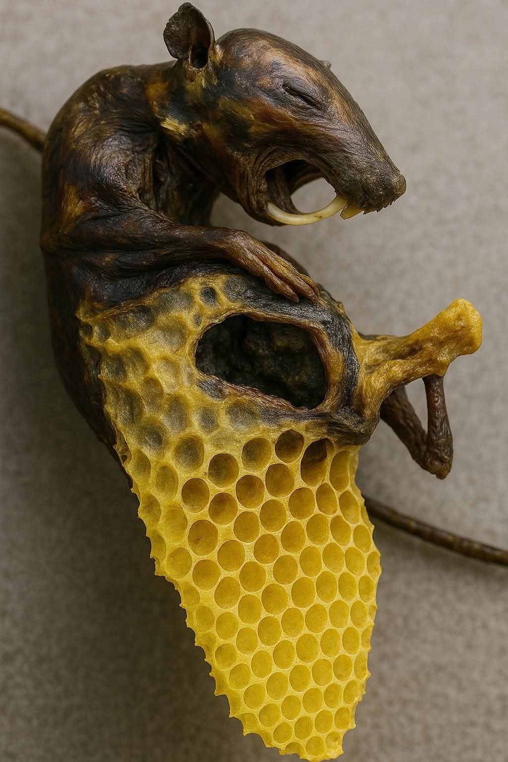 Zmumifikowana mysz pokryta propolisem w ulu pszczelim